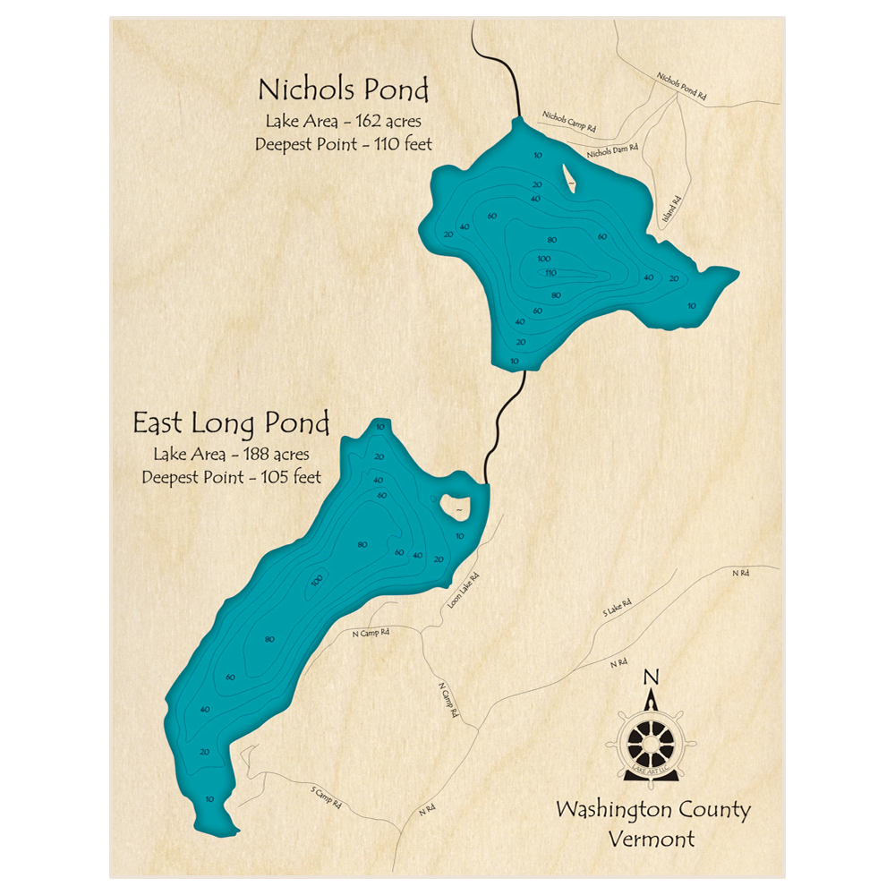 Bathymetric topo map of Nichols Pond and East Long Pond with roads, towns and depths noted in blue water
