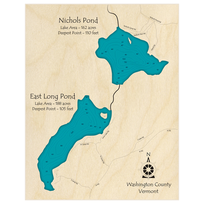 Bathymetric topo map of Nichols Pond and East Long Pond with roads, towns and depths noted in blue water