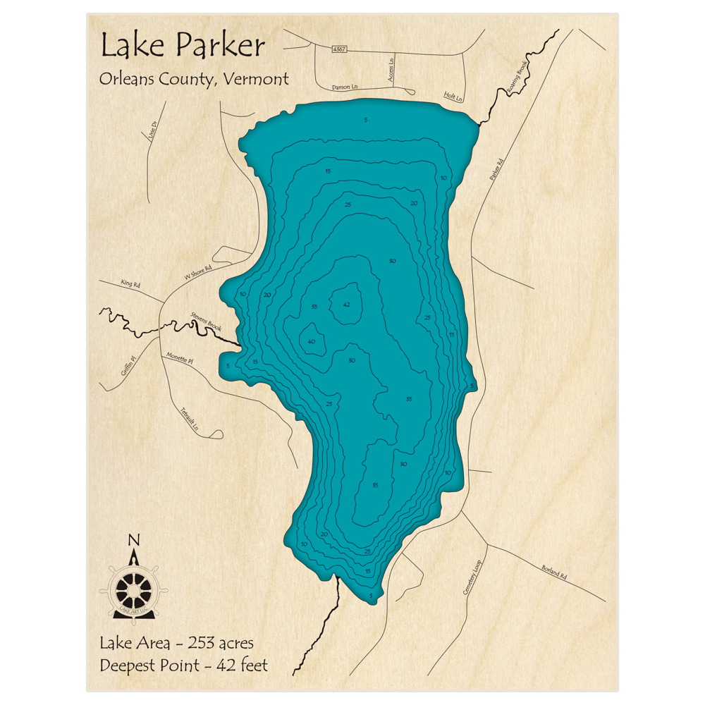 Bathymetric topo map of Lake Parker with roads, towns and depths noted in blue water