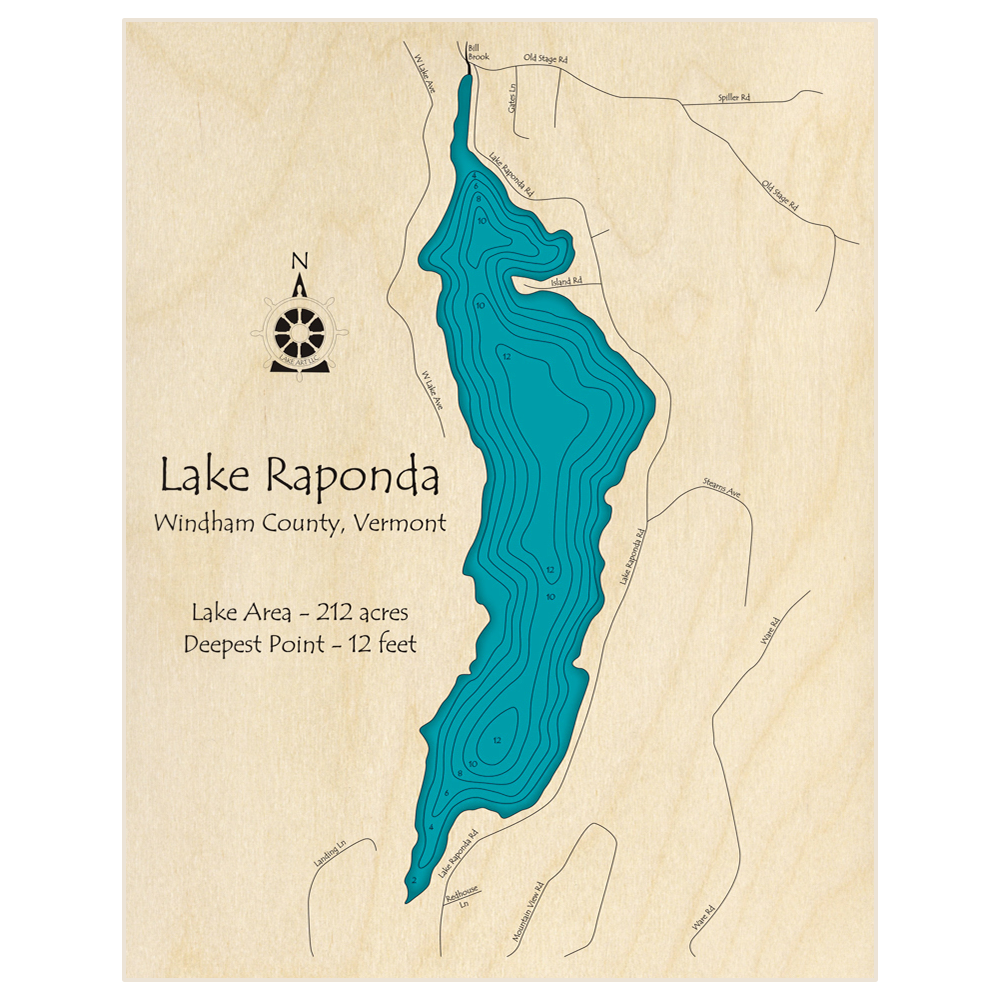 Bathymetric topo map of Lake Raponda with roads, towns and depths noted in blue water