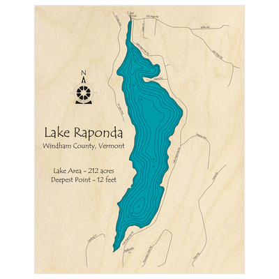 Bathymetric topo map of Lake Raponda with roads, towns and depths noted in blue water