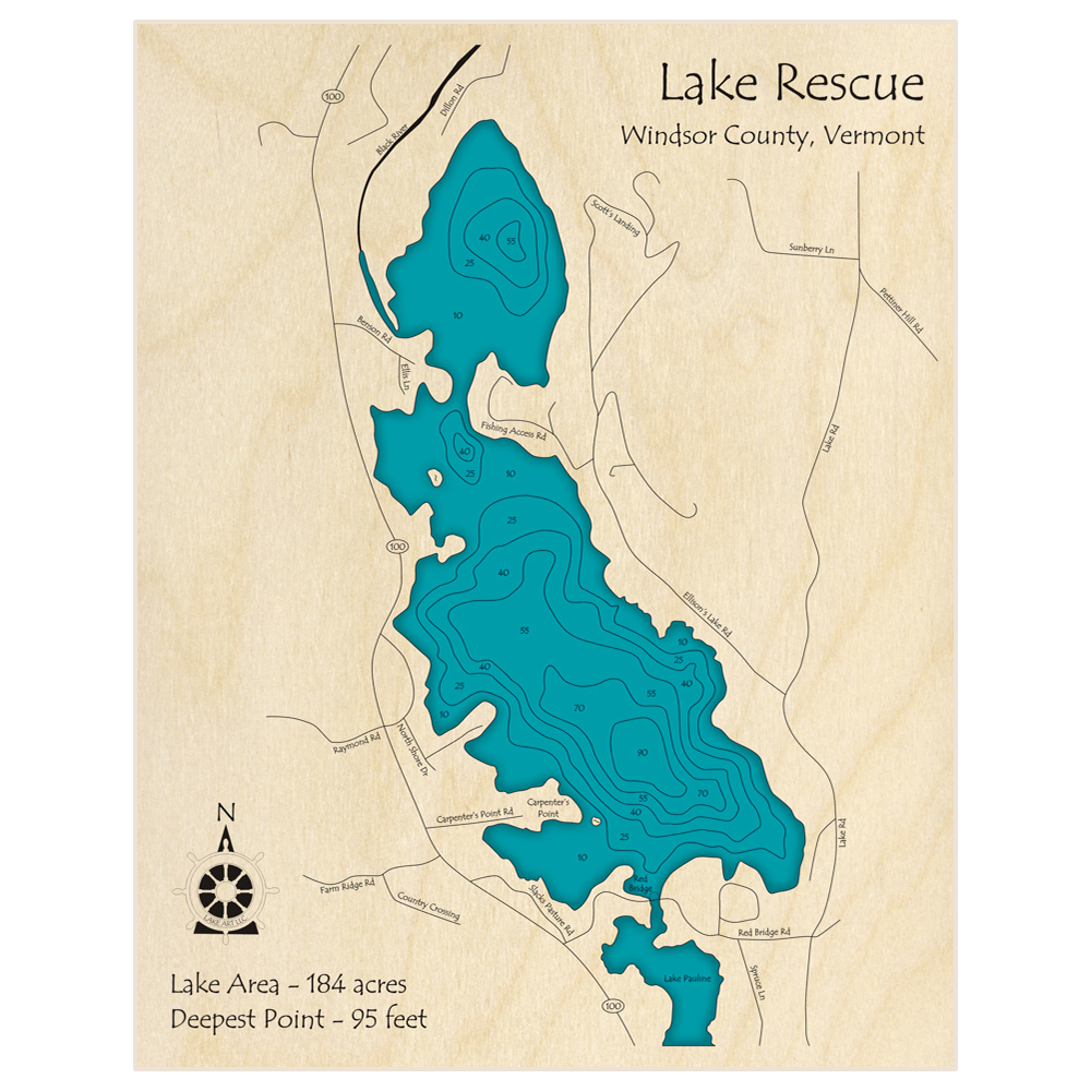 Bathymetric topo map of Lake Rescue with roads, towns and depths noted in blue water
