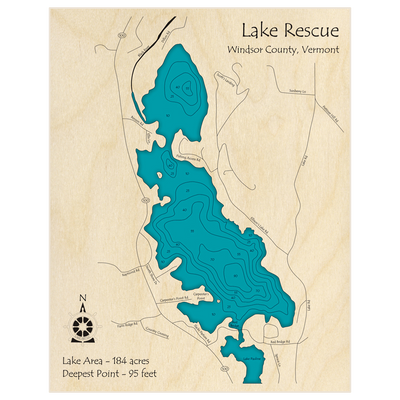 Bathymetric topo map of Lake Rescue with roads, towns and depths noted in blue water