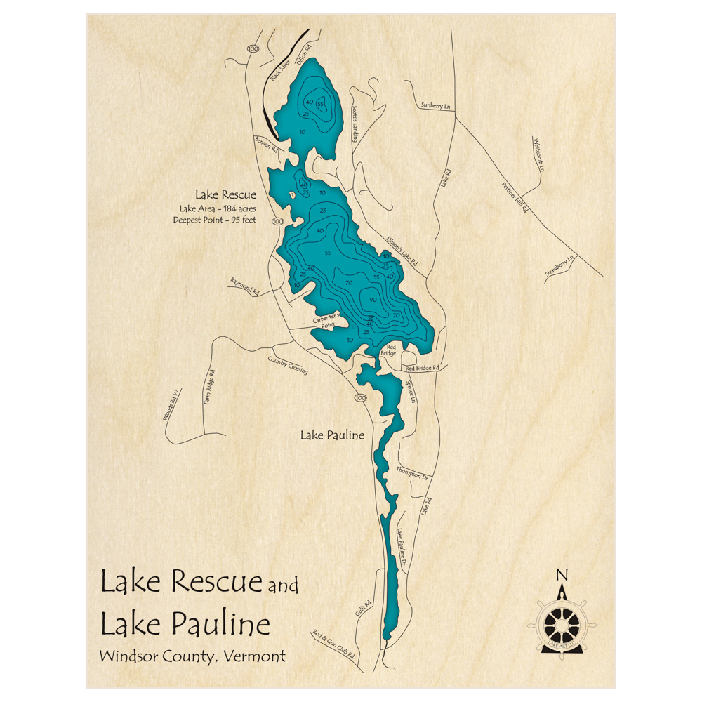 Bathymetric topo map of Lake Rescue and Lake Pauline with roads, towns and depths noted in blue water