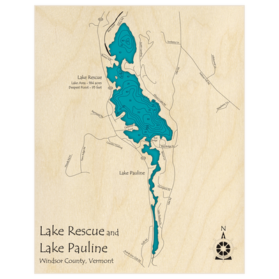 Bathymetric topo map of Lake Rescue and Lake Pauline with roads, towns and depths noted in blue water