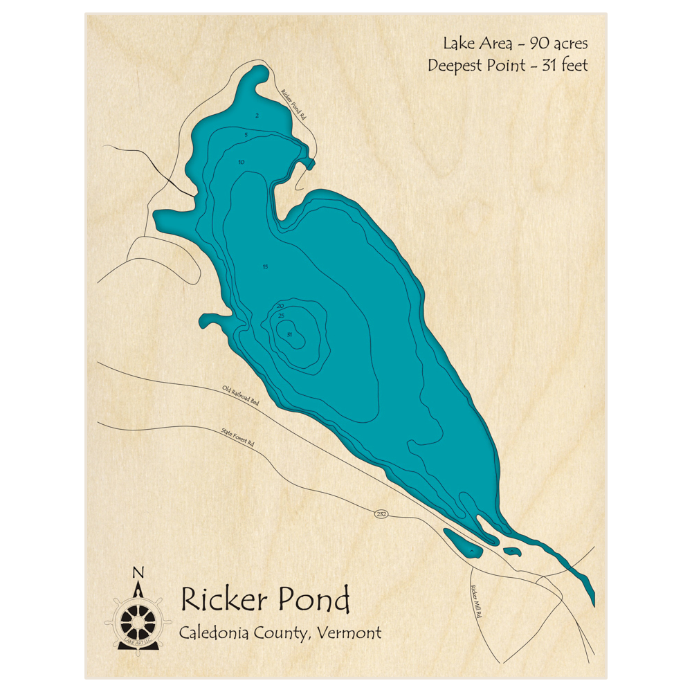 Bathymetric topo map of Ricker Pond with roads, towns and depths noted in blue water