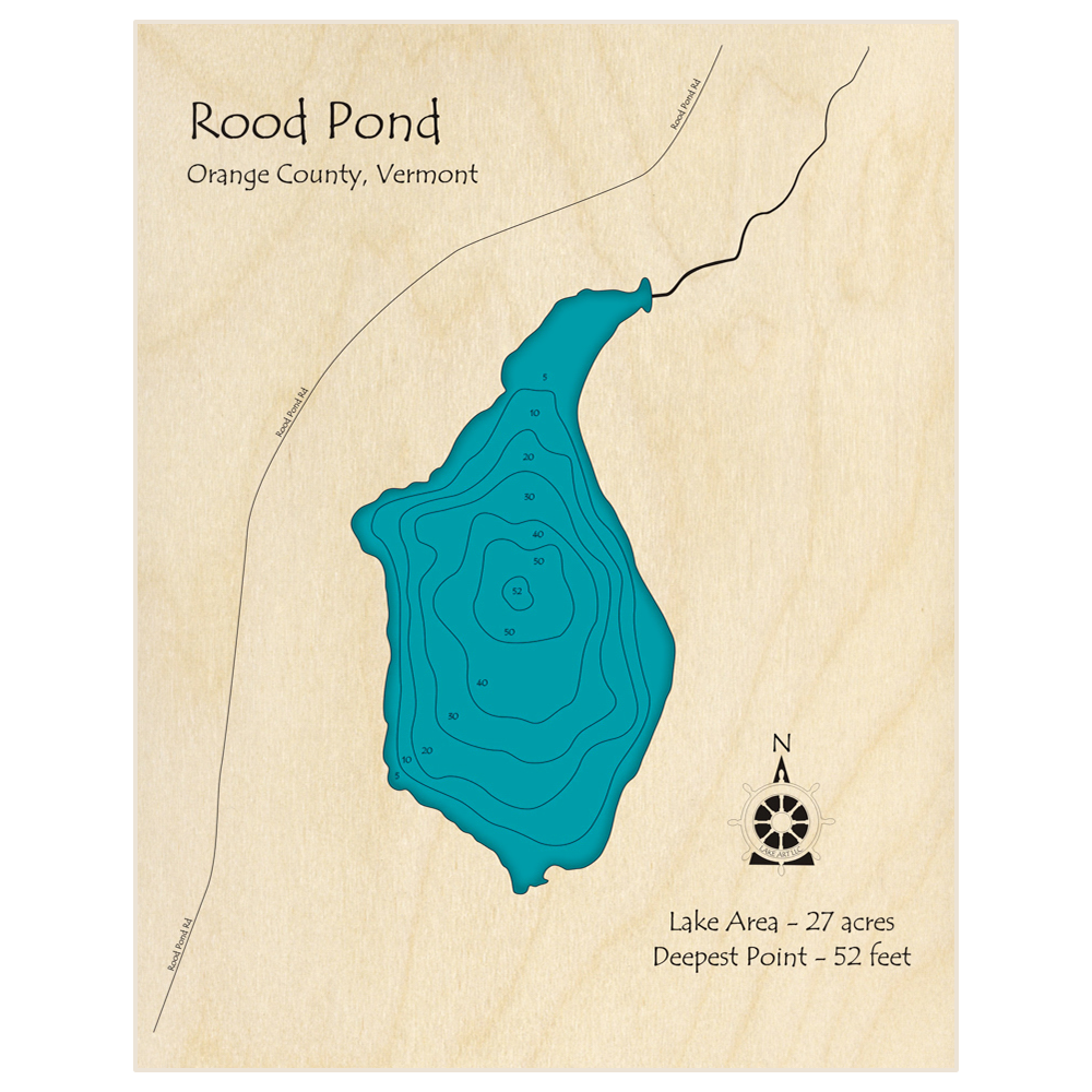 Bathymetric topo map of Rood Pond with roads, towns and depths noted in blue water