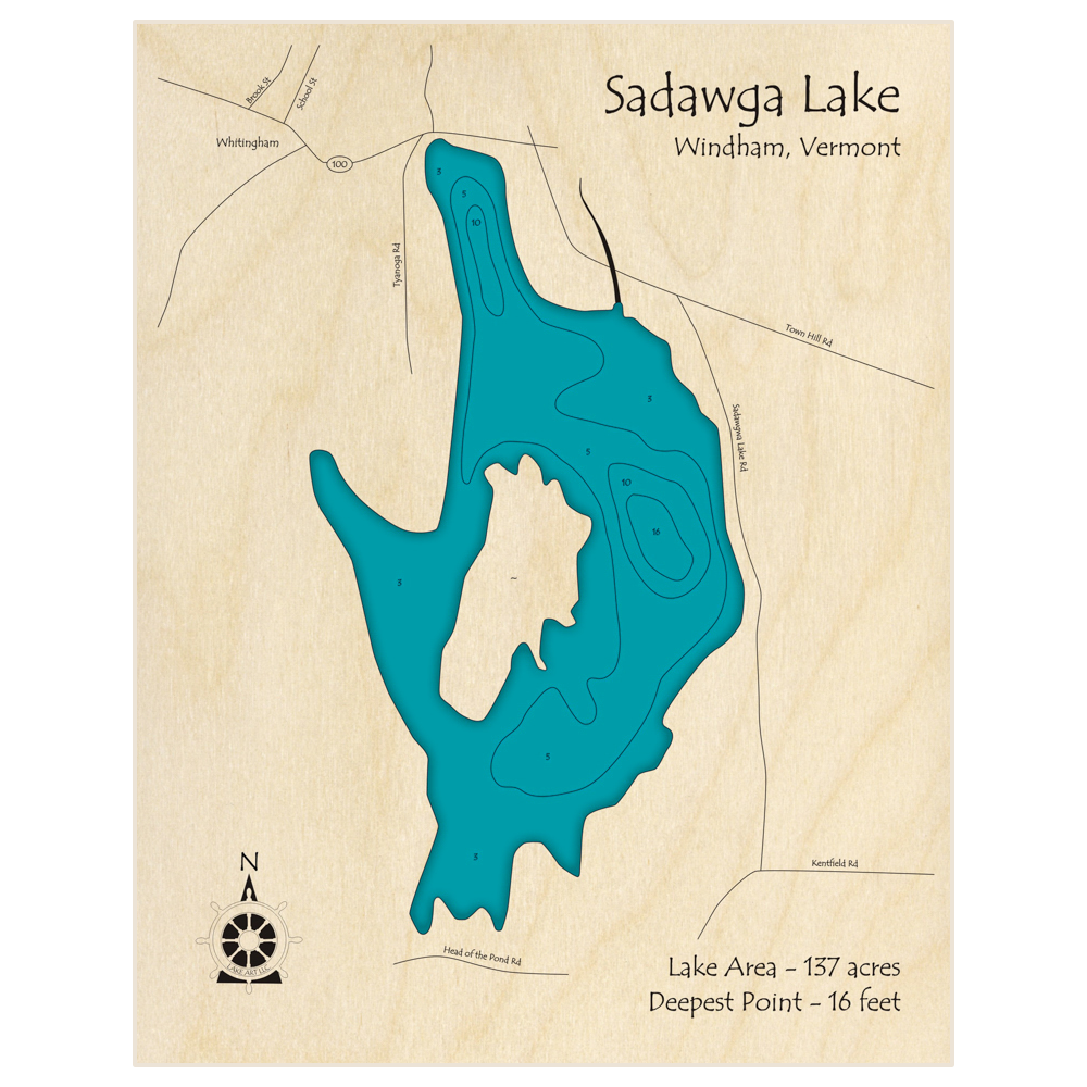 Bathymetric topo map of Sadawga Lake with roads, towns and depths noted in blue water