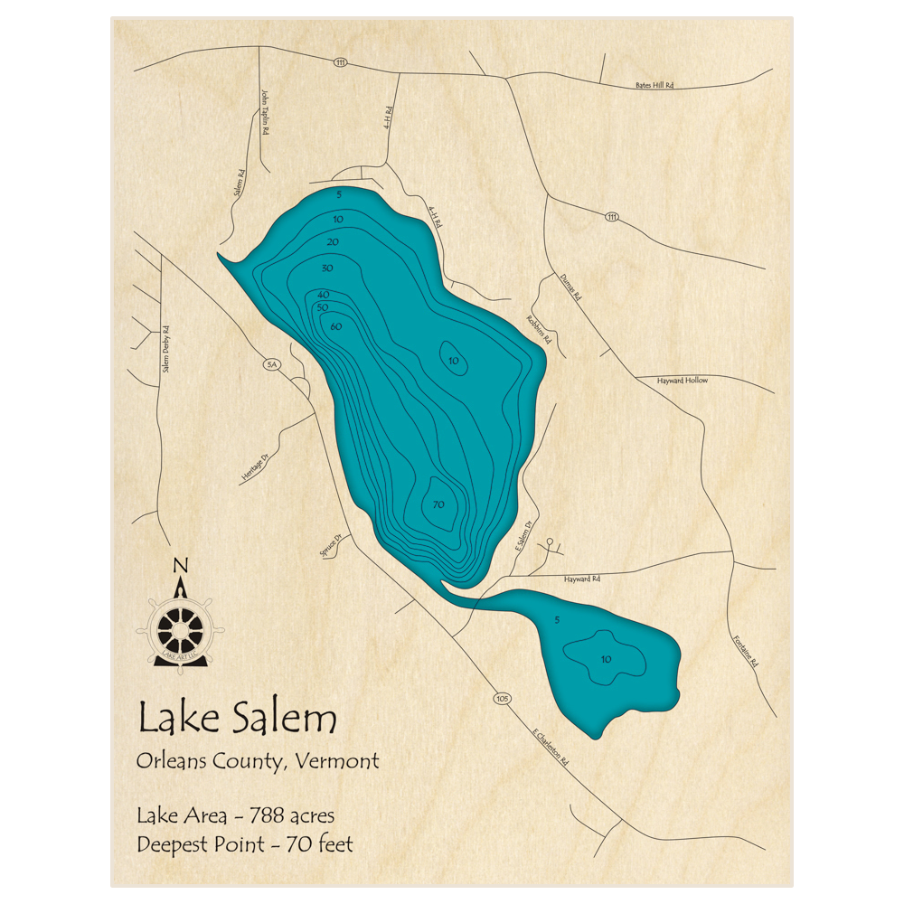 Bathymetric topo map of Lake Salem with roads, towns and depths noted in blue water