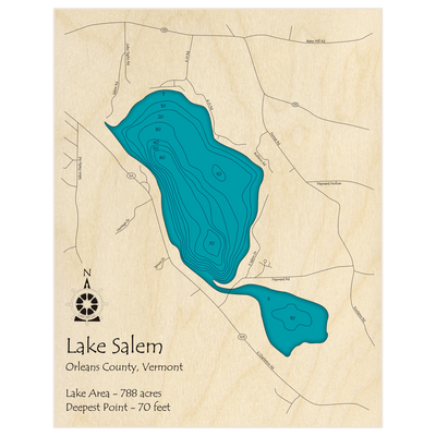 Bathymetric topo map of Lake Salem with roads, towns and depths noted in blue water