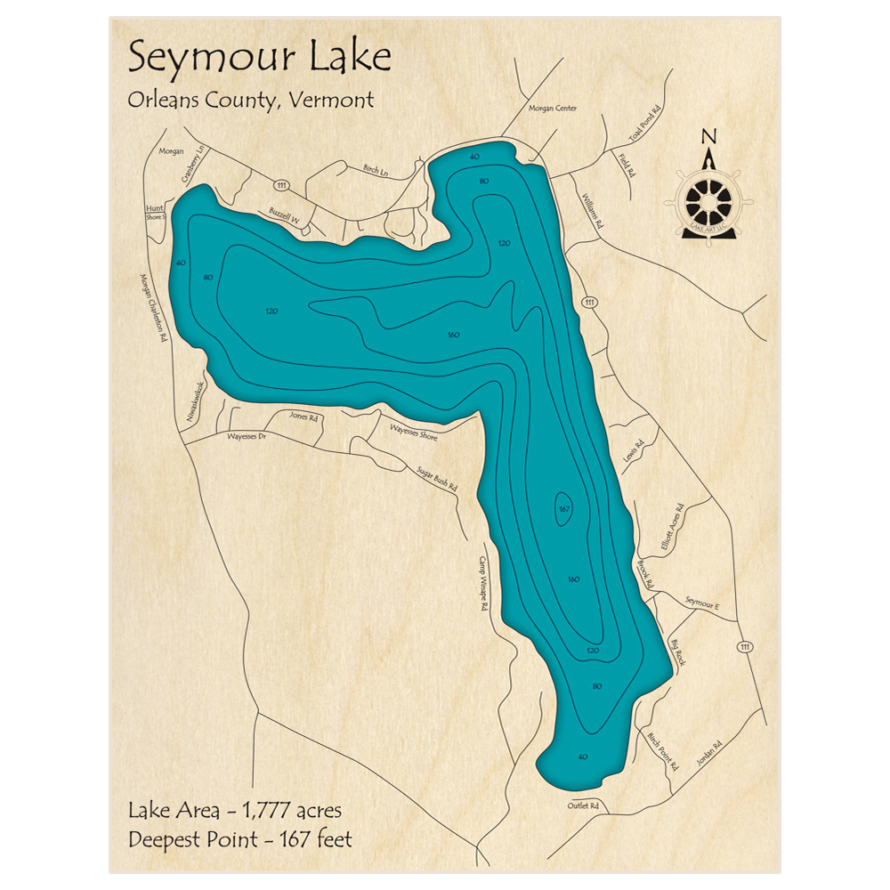 Bathymetric topo map of Seymour Lake with roads, towns and depths noted in blue water