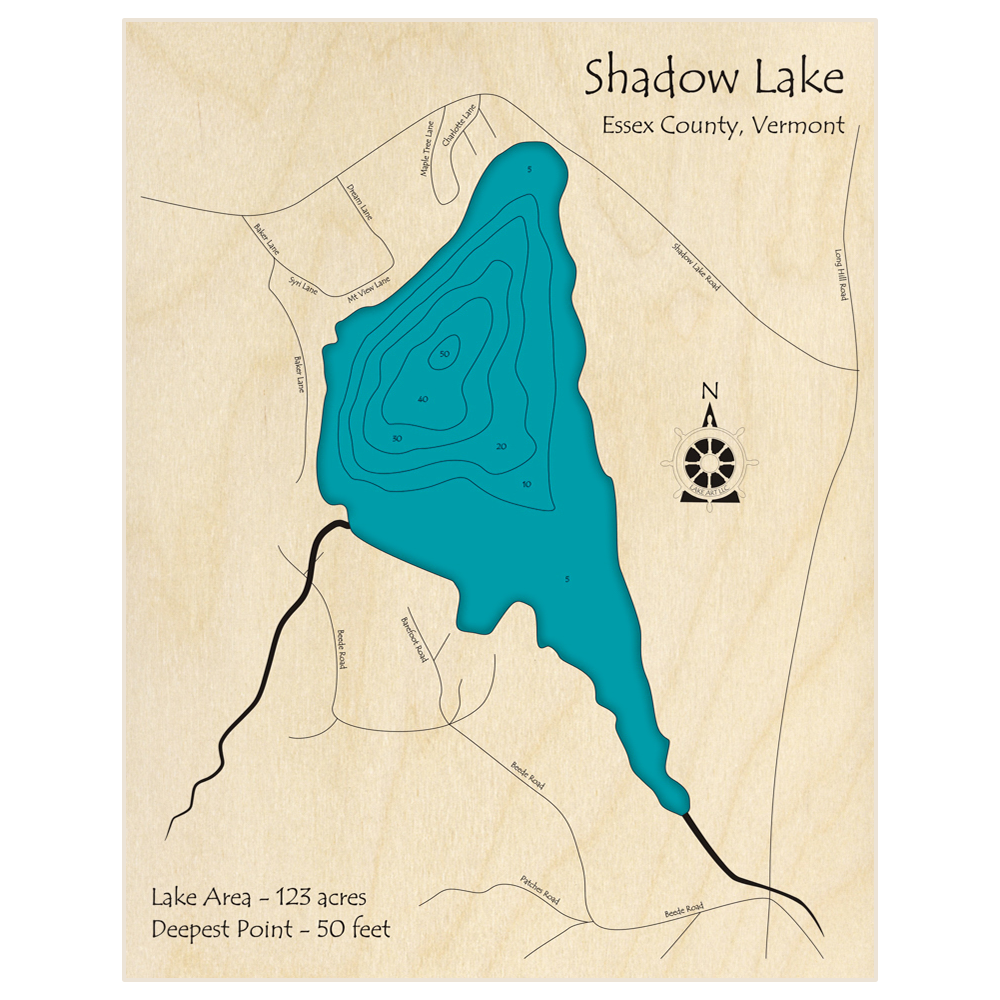 Bathymetric topo map of Shadow Lake with roads, towns and depths noted in blue water