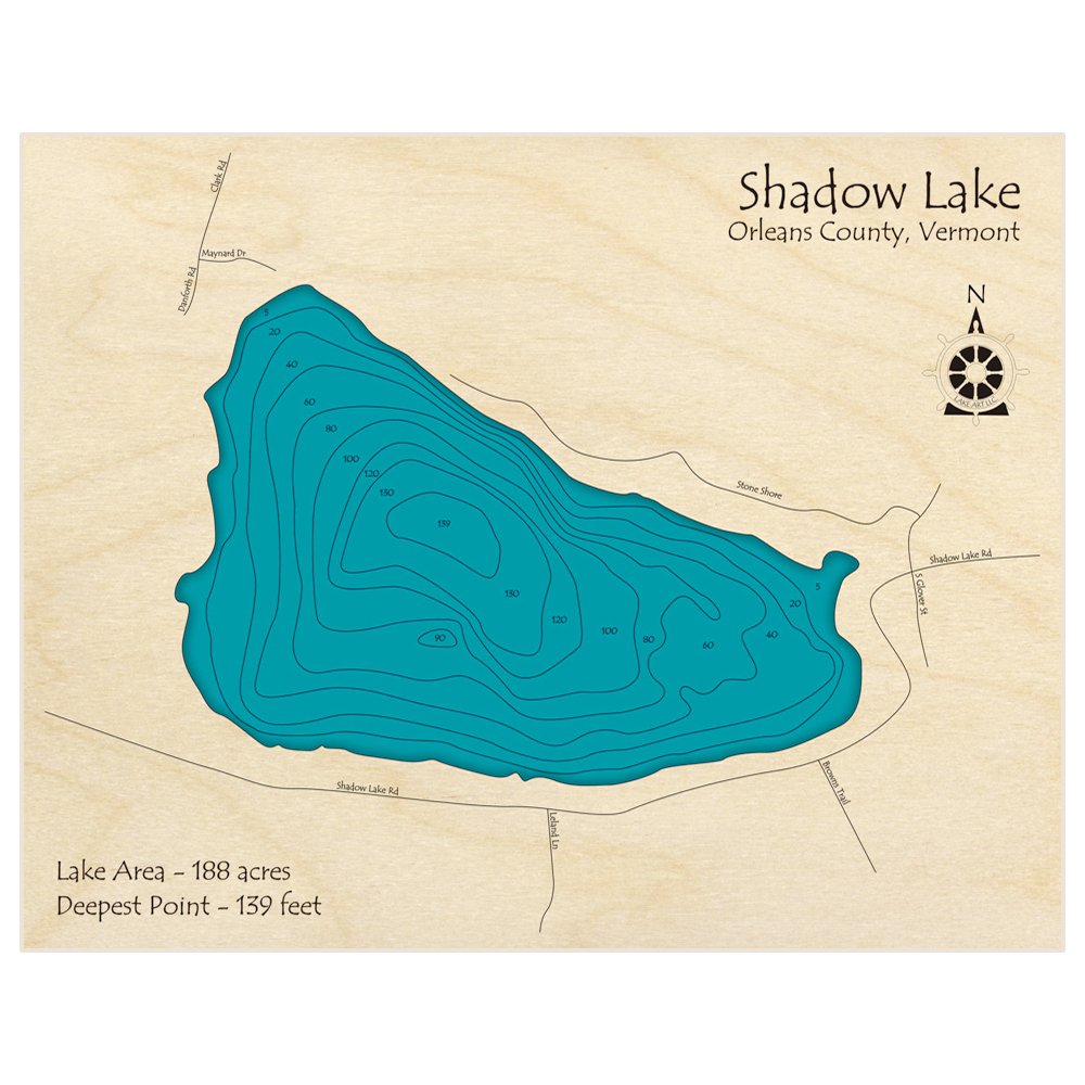 Bathymetric topo map of Shadow Lake with roads, towns and depths noted in blue water