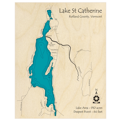 Bathymetric topo map of Lake St Catherine (Without Little Lake) with roads, towns and depths noted in blue water