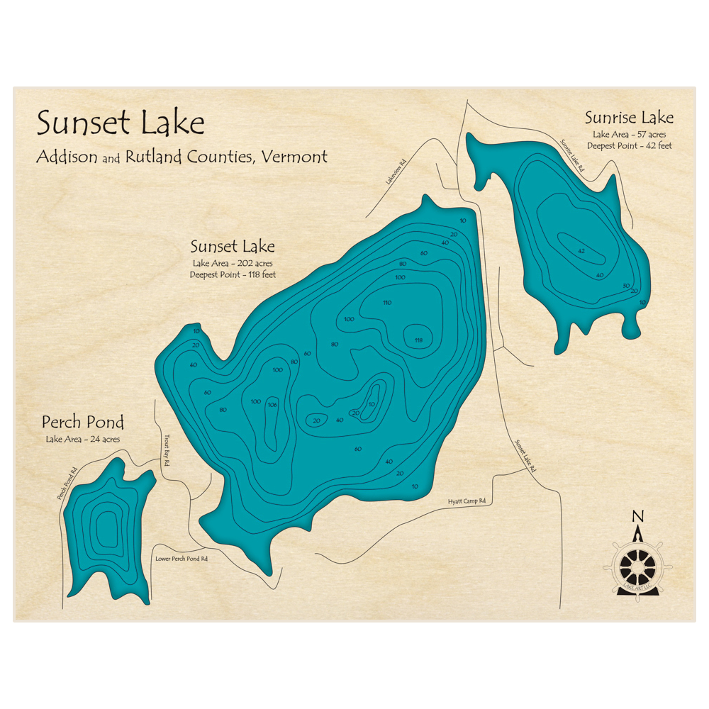 Bathymetric topo map of Sunrise Lake with Sunset and Perch Pond with roads, towns and depths noted in blue water