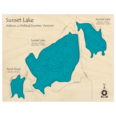 Bathymetric topo map of Sunrise Lake with Sunset and Perch Pond with roads, towns and depths noted in blue water