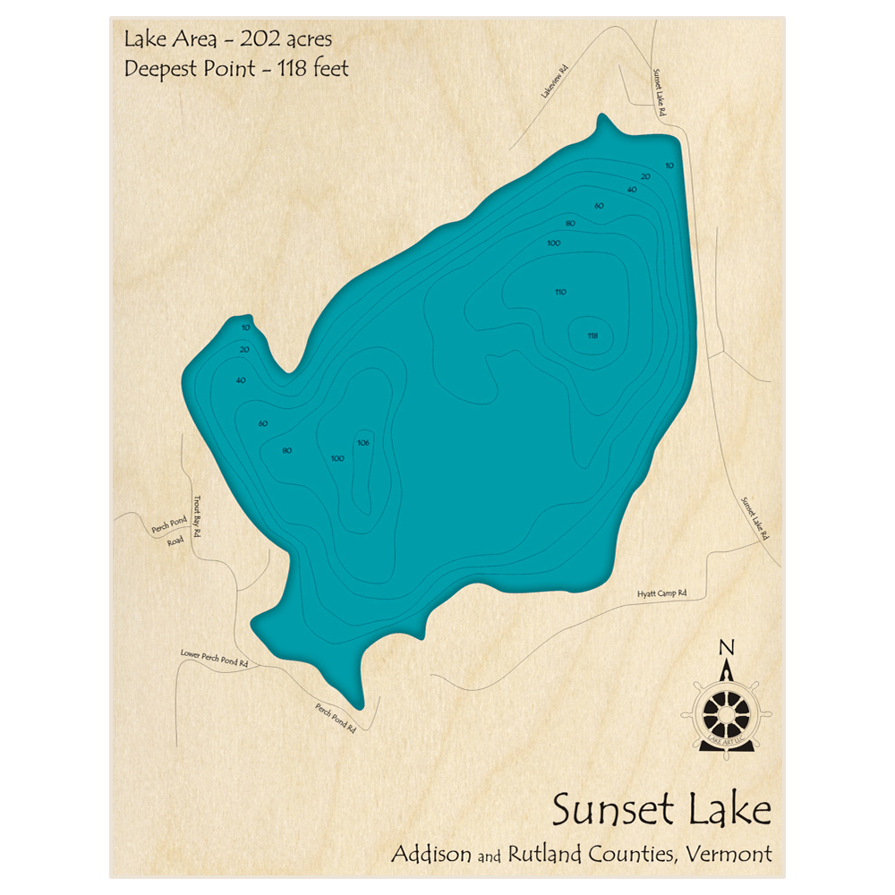 Bathymetric topo map of Sunset Lake with roads, towns and depths noted in blue water
