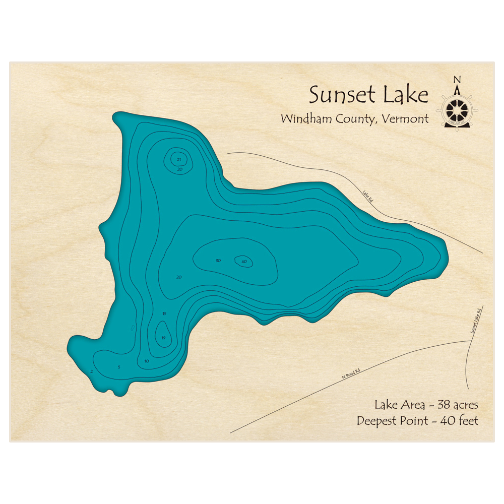 Bathymetric topo map of Sunset Lake with roads, towns and depths noted in blue water