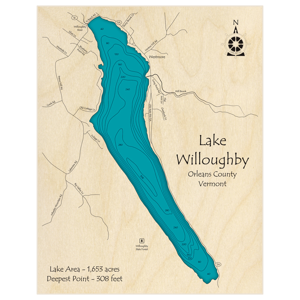 Bathymetric topo map of Lake Willoughby with roads, towns and depths noted in blue water