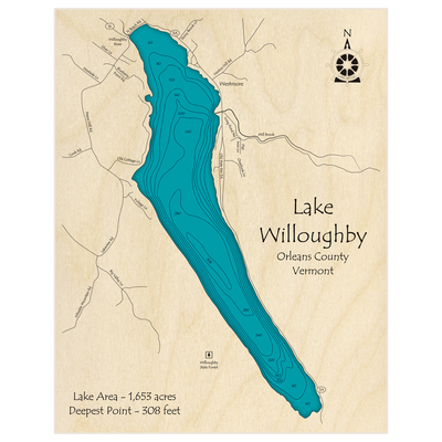 Bathymetric topo map of Lake Willoughby with roads, towns and depths noted in blue water