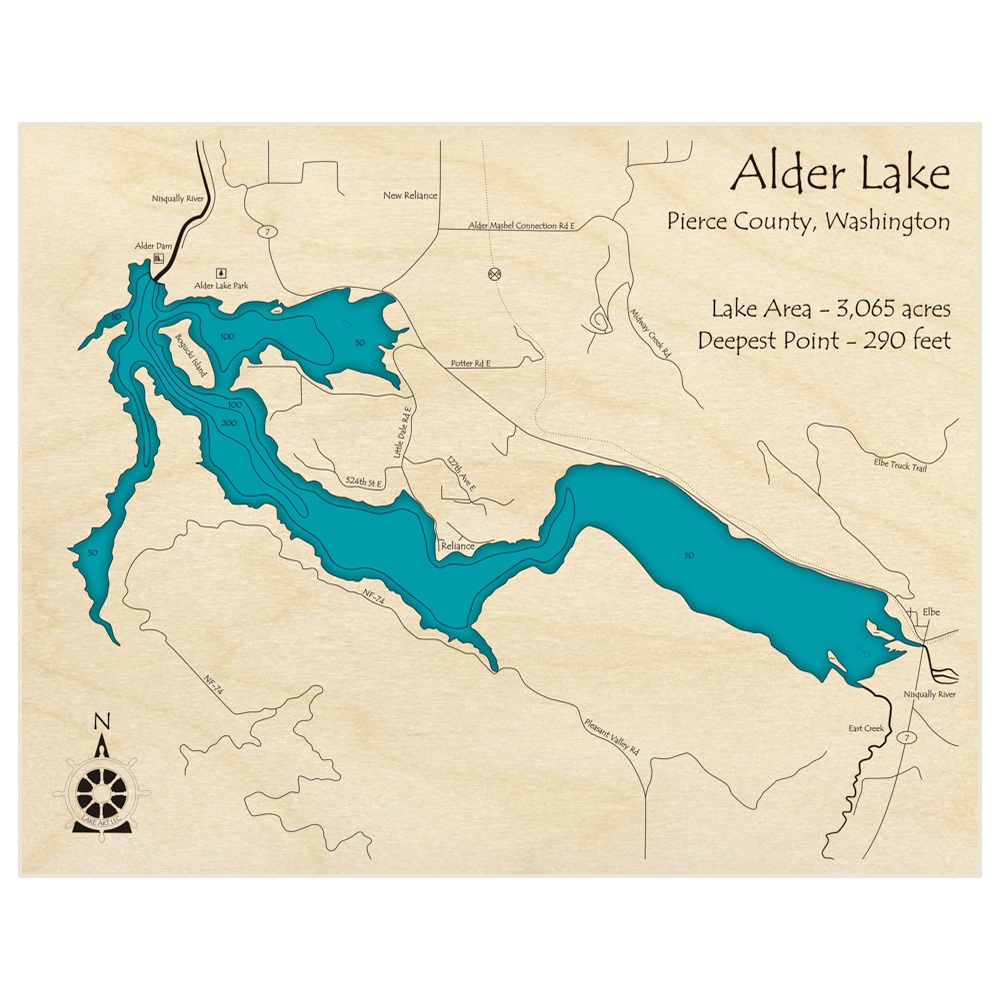 Bathymetric topo map of Alder Lake with roads, towns and depths noted in blue water