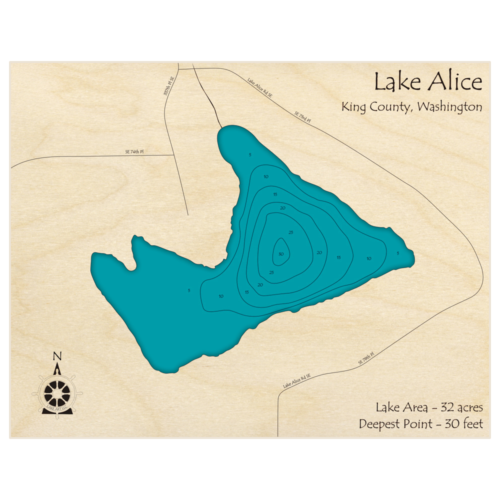 Bathymetric topo map of Lake Alice with roads, towns and depths noted in blue water
