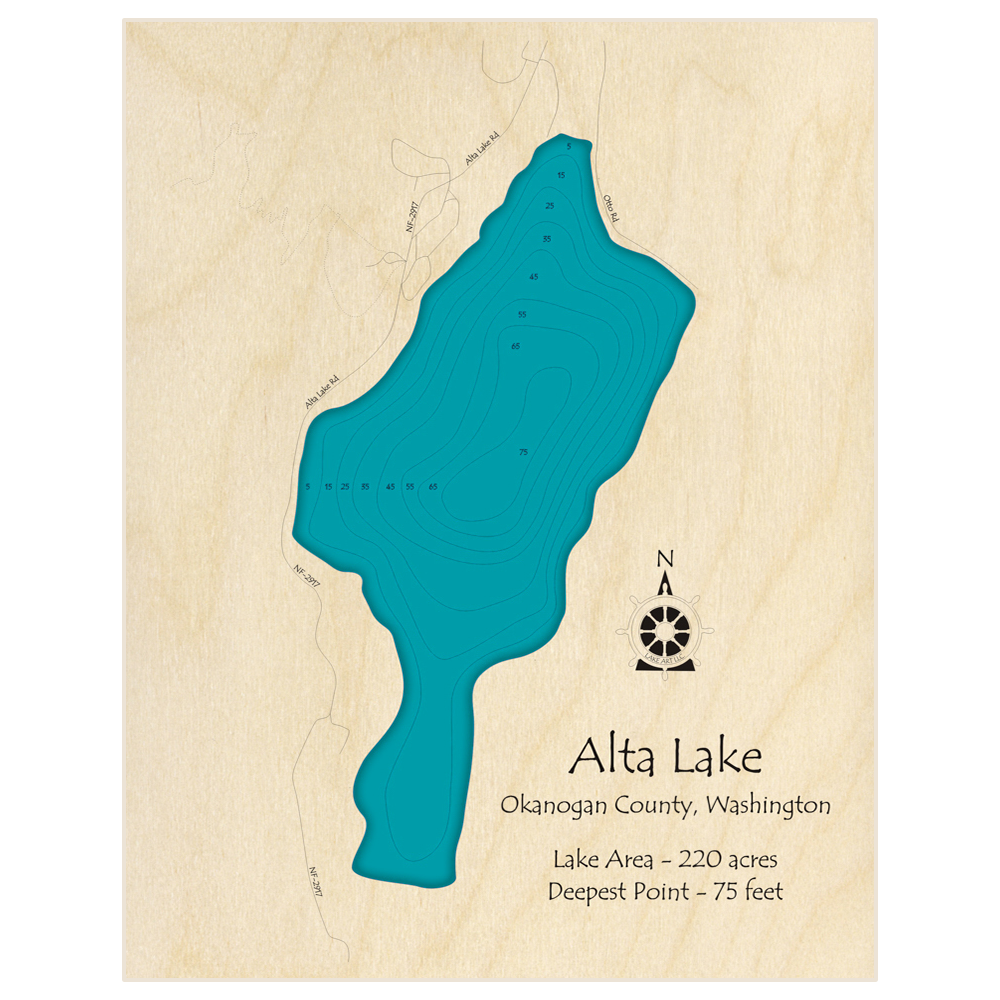 Bathymetric topo map of Alta Lake with roads, towns and depths noted in blue water