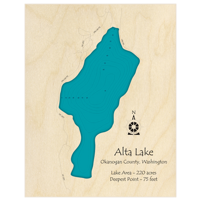 Bathymetric topo map of Alta Lake with roads, towns and depths noted in blue water