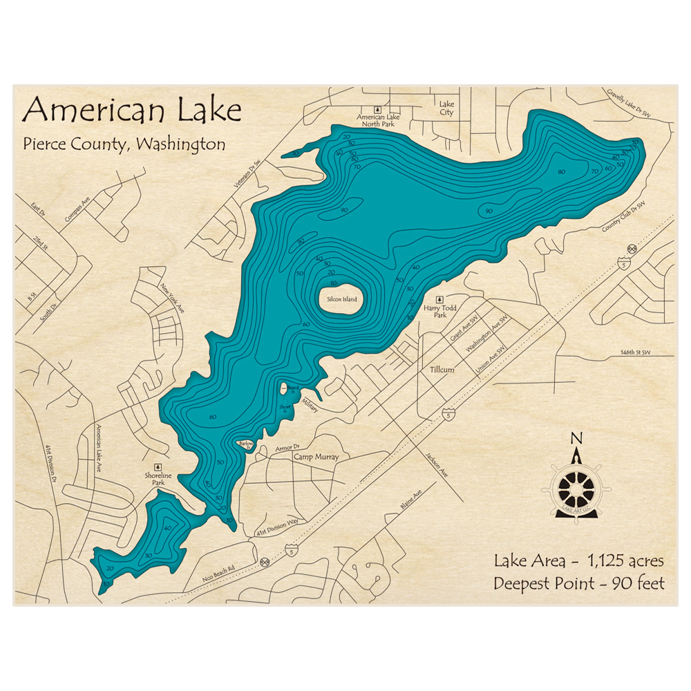 Bathymetric topo map of American Lake with roads, towns and depths noted in blue water