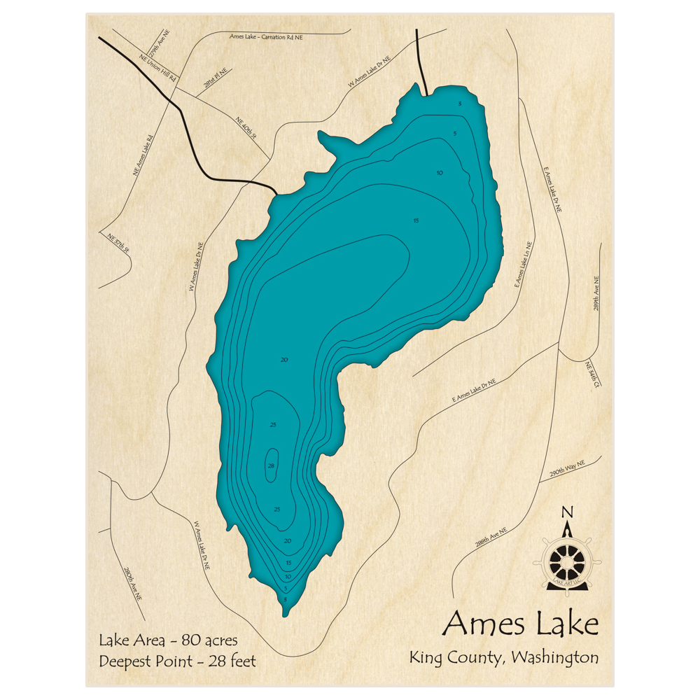 Bathymetric topo map of Ames Lake with roads, towns and depths noted in blue water