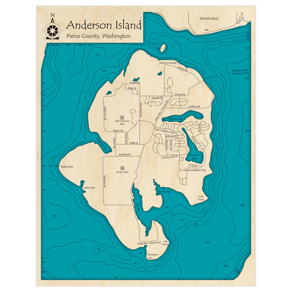 Bathymetric topo map of Anderson Island with roads, towns and depths noted in blue water