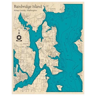 Bathymetric topo map of Bainbridge Island with roads, towns and depths noted in blue water