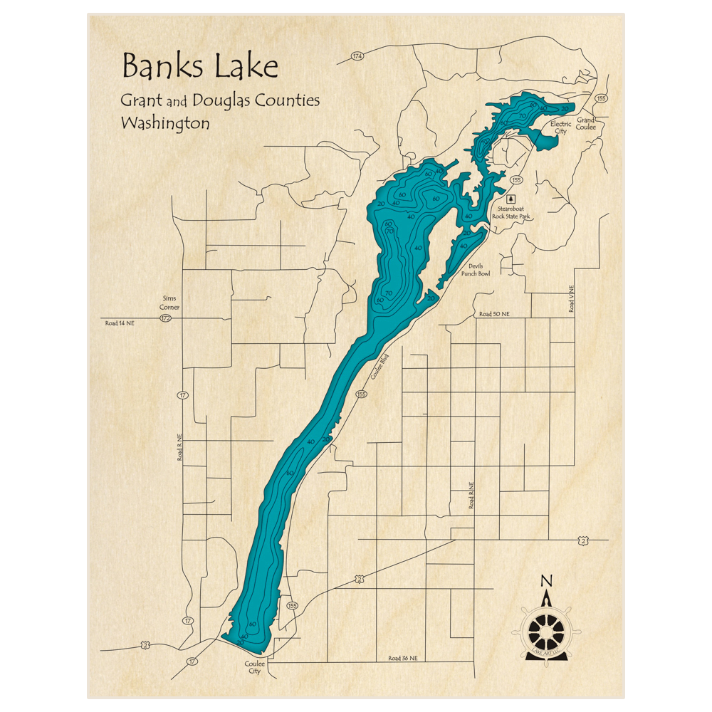 Bathymetric topo map of Banks Lake with roads, towns and depths noted in blue water