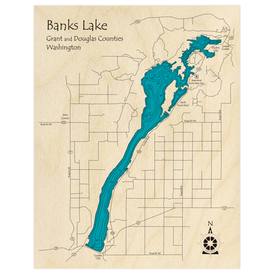 Bathymetric topo map of Banks Lake with roads, towns and depths noted in blue water
