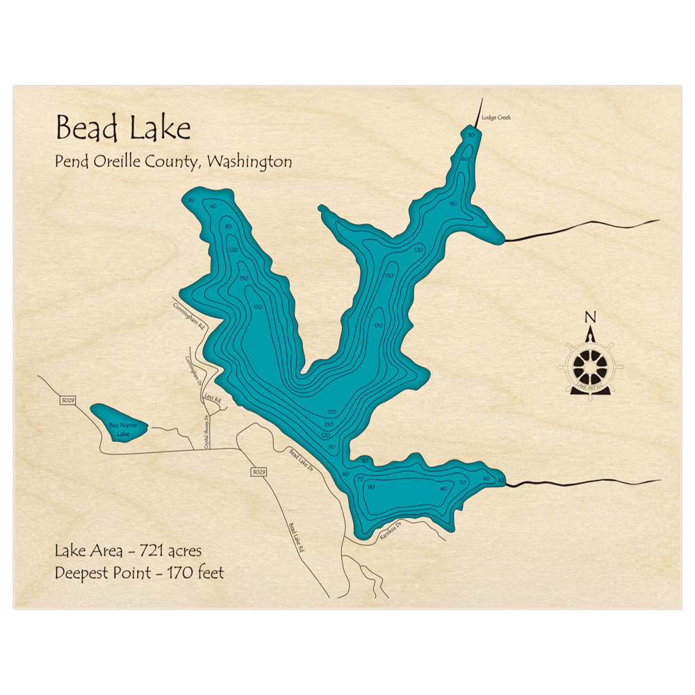 Bathymetric topo map of Bead Lake with roads, towns and depths noted in blue water