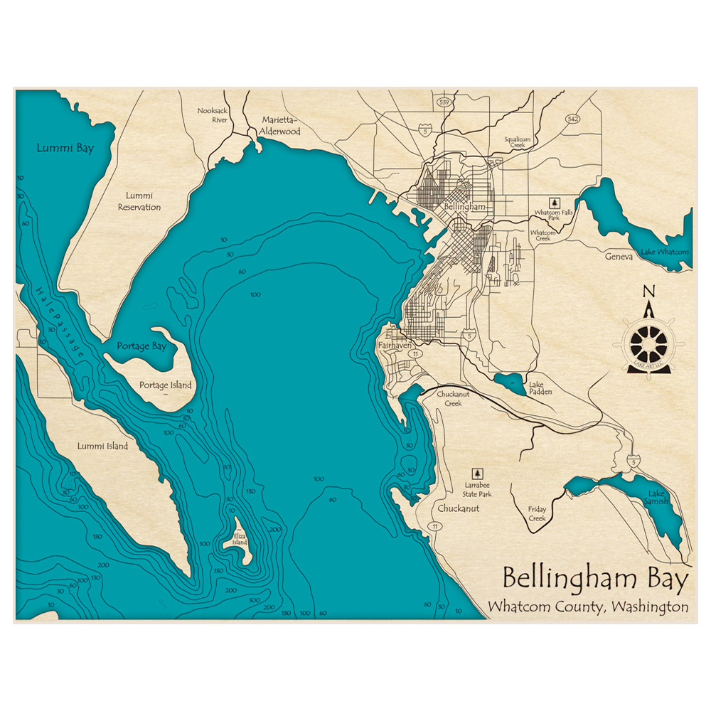 Bathymetric topo map of Bellingham Bay with roads, towns and depths noted in blue water