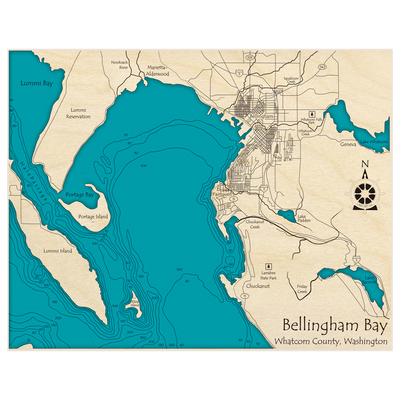 Bathymetric topo map of Bellingham Bay with roads, towns and depths noted in blue water