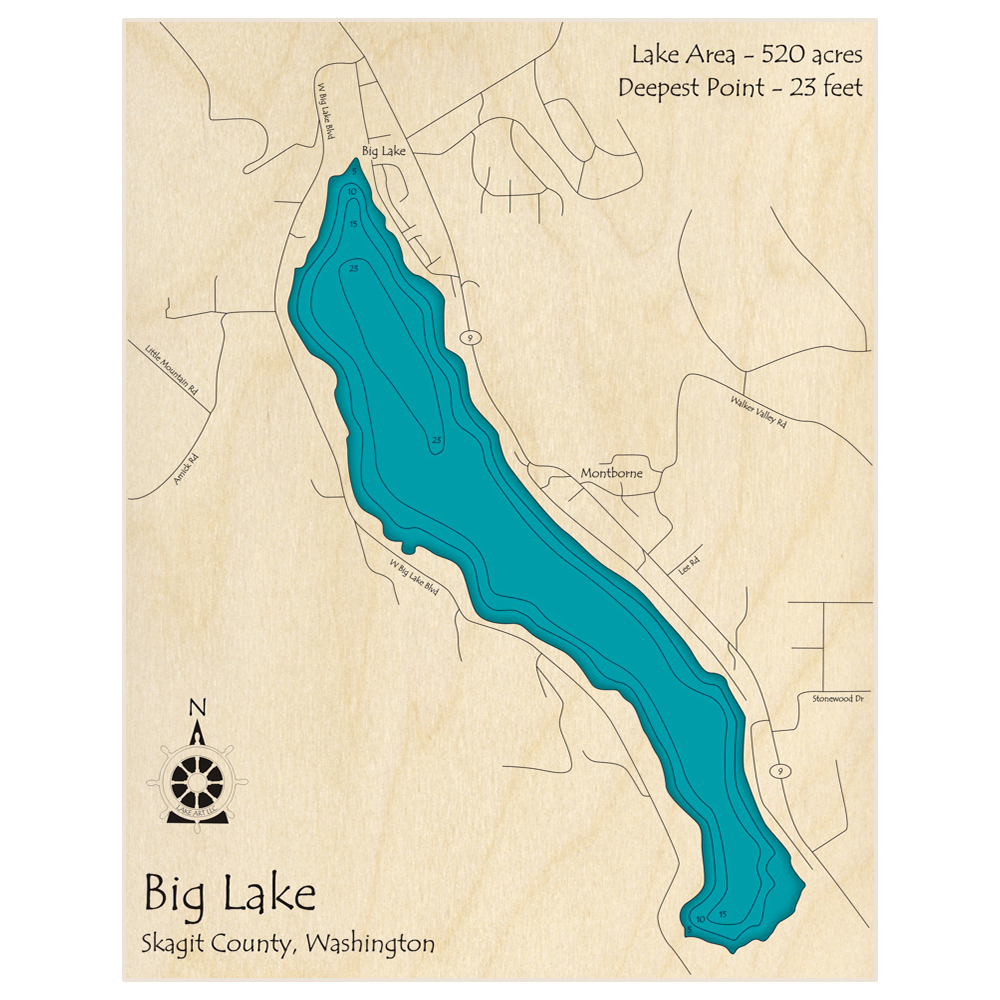 Bathymetric topo map of Big Lake with roads, towns and depths noted in blue water