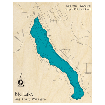 Bathymetric topo map of Big Lake with roads, towns and depths noted in blue water