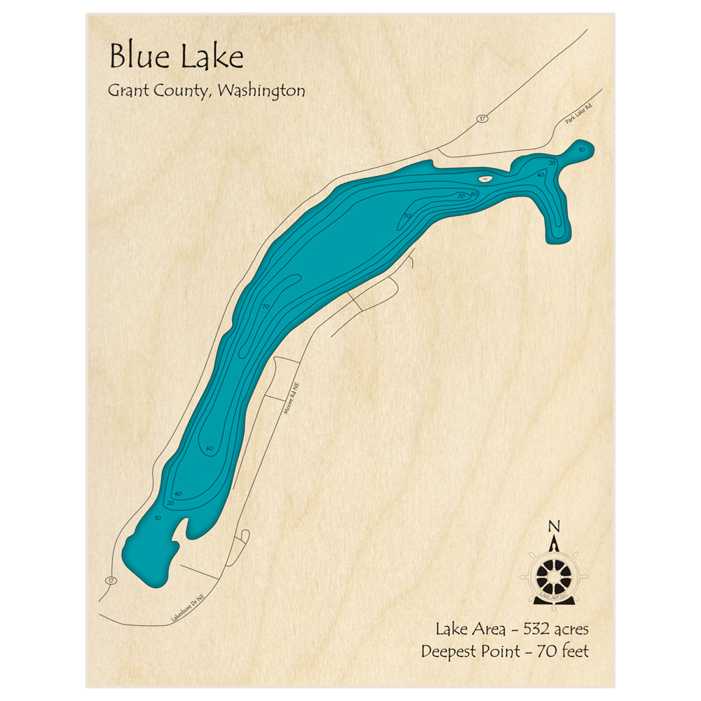 Bathymetric topo map of Blue Lake with roads, towns and depths noted in blue water