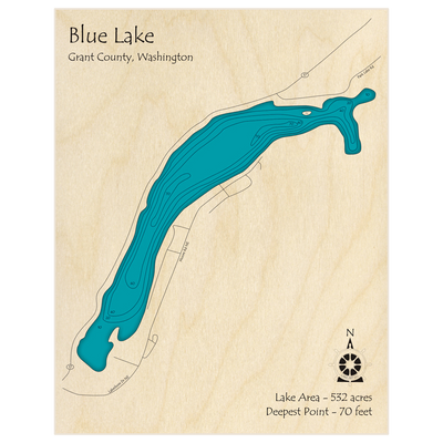 Bathymetric topo map of Blue Lake with roads, towns and depths noted in blue water