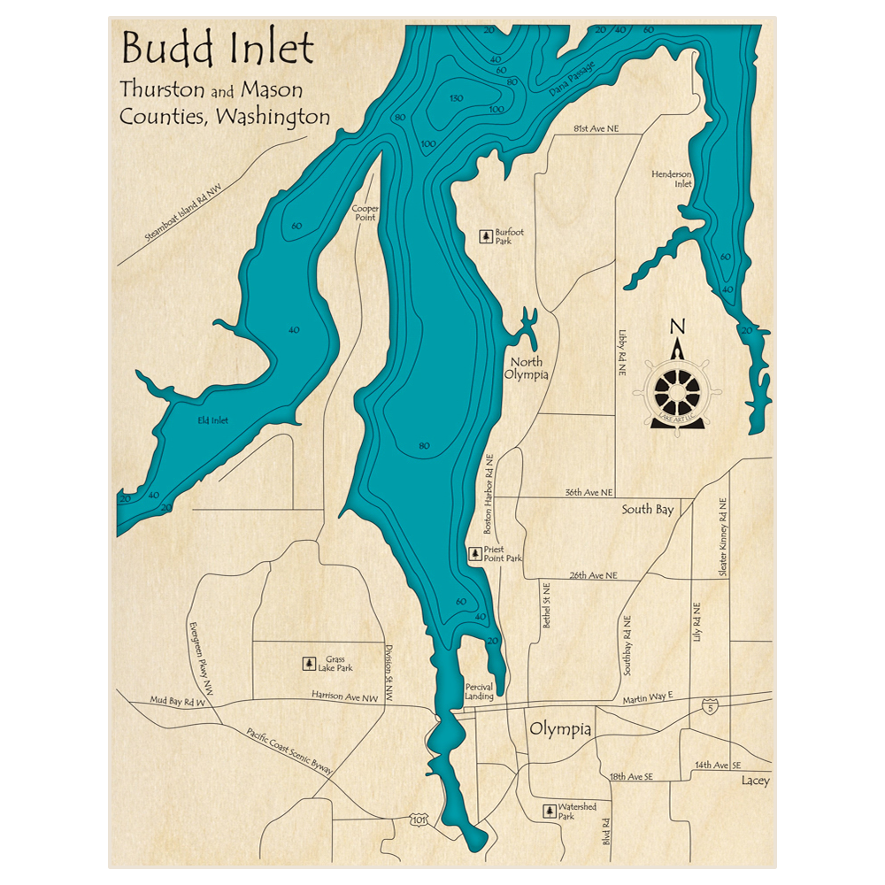 Bathymetric topo map of Budd Inlet with roads, towns and depths noted in blue water