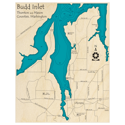 Bathymetric topo map of Budd Inlet with roads, towns and depths noted in blue water