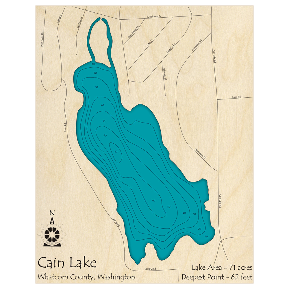 Bathymetric topo map of Cain Lake with roads, towns and depths noted in blue water