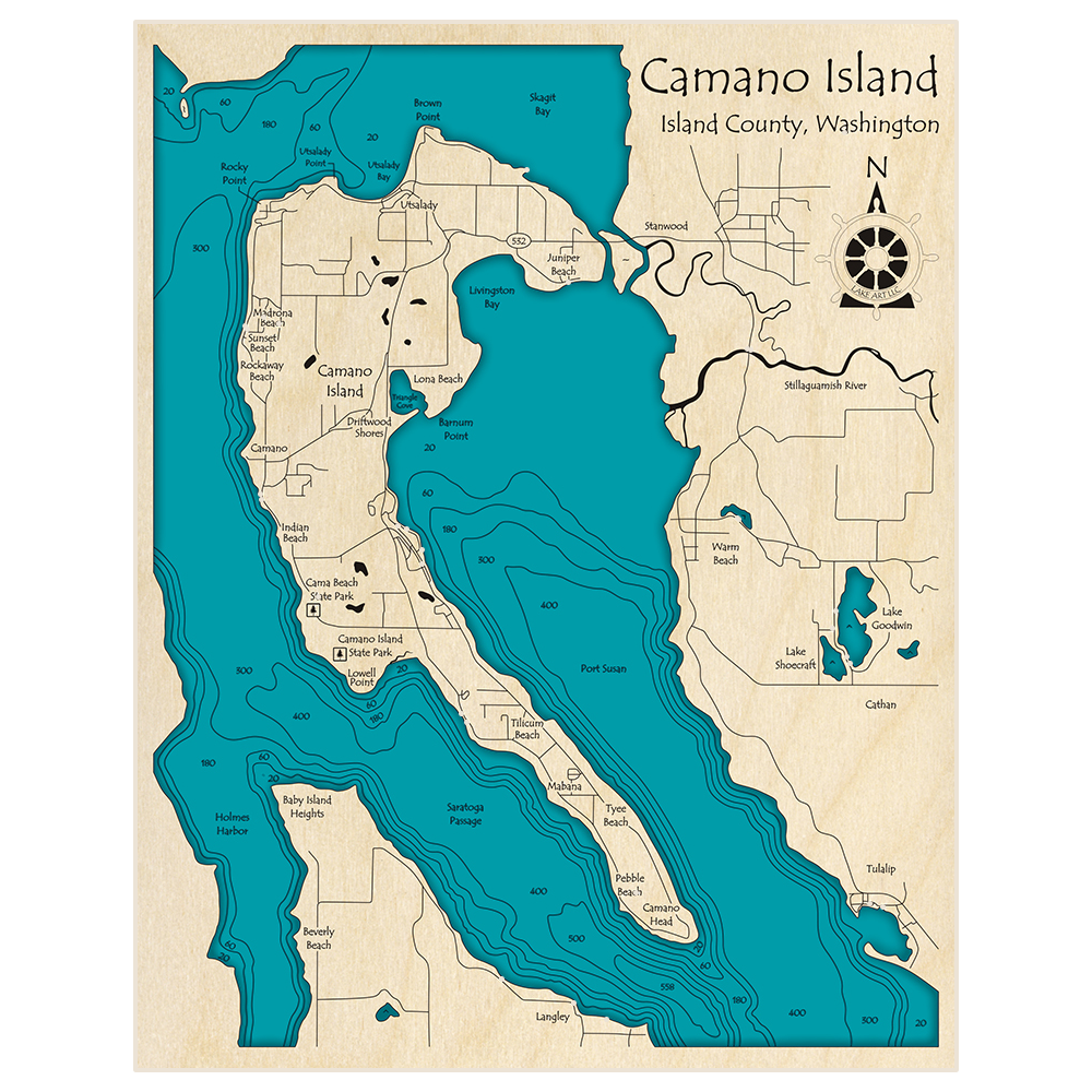 Bathymetric topo map of Camano Island with roads, towns and depths noted in blue water