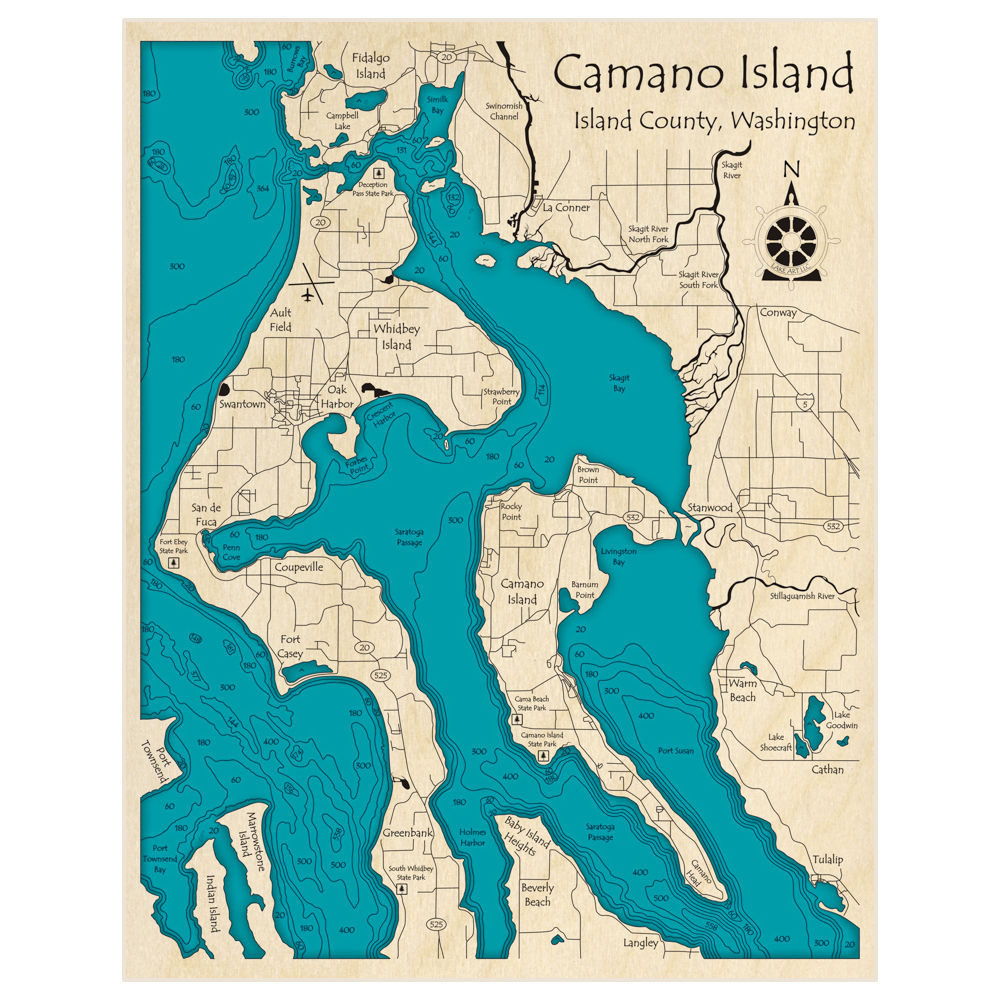 Bathymetric topo map of Camano Island With East Whidbey Island with roads, towns and depths noted in blue water