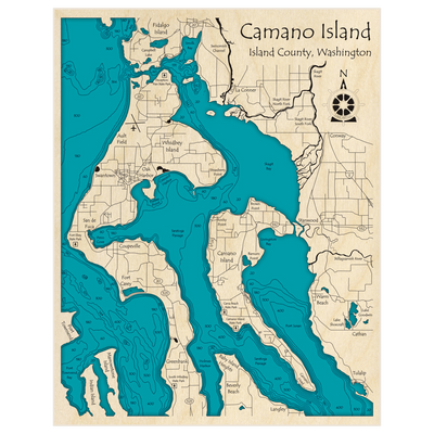 Bathymetric topo map of Camano Island With East Whidbey Island with roads, towns and depths noted in blue water