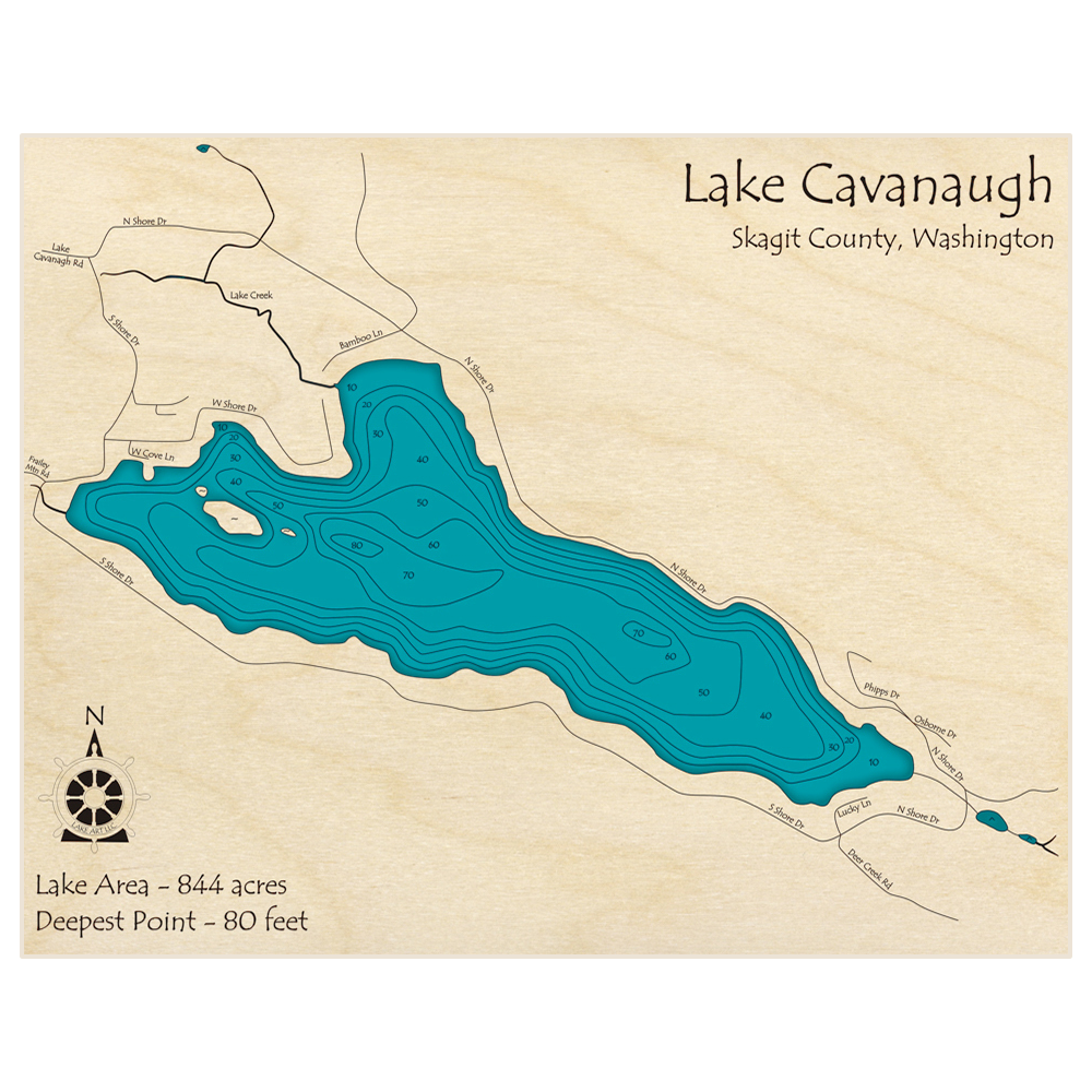 Bathymetric topo map of Lake Cavanaugh with roads, towns and depths noted in blue water