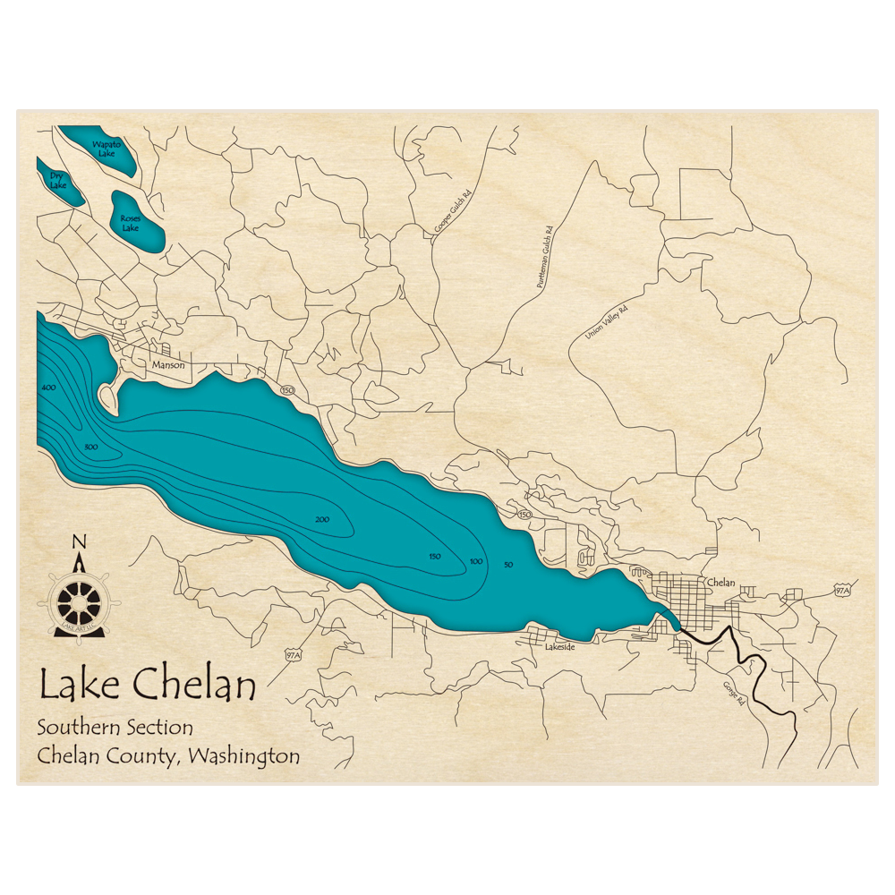 Bathymetric topo map of Lake Chelan (Southern Section at town of Chelan) with roads, towns and depths noted in blue water