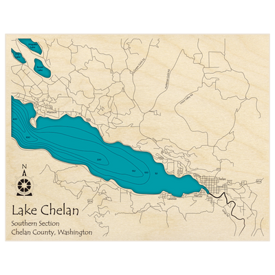 Bathymetric topo map of Lake Chelan (Southern Section at town of Chelan) with roads, towns and depths noted in blue water